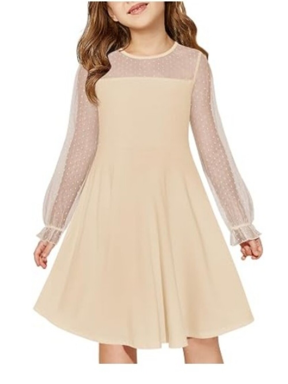 Girls Contrast Mesh Long Sleeve High Waist A Line Short Dress with Pocket Cream